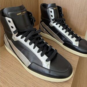 Saint Laurent Black/Silver Leather Star High Top Sneakers